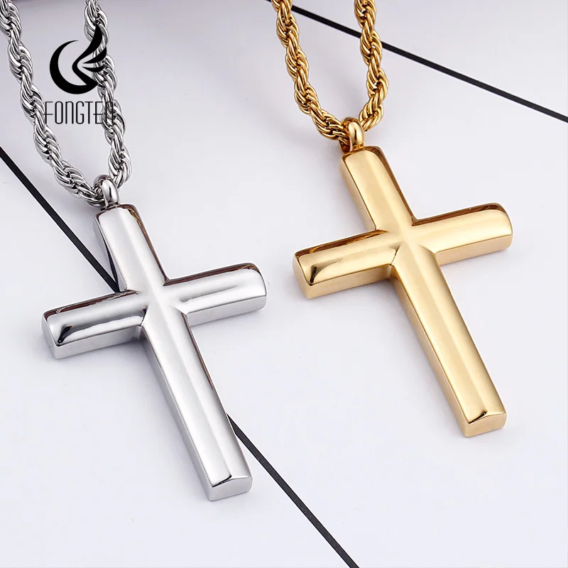 Fongten Vintage Cross Men\'s Pendant Necklaces Stainless Steel Christian Necklace For Men Religious Gold Color Jewelry Gifts