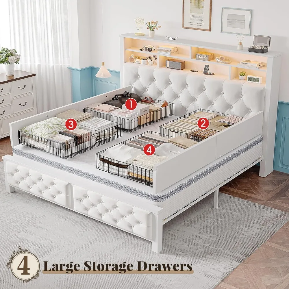 EnHomee Full Size Bed Frame with 4 Storage Drawers and Headboard,Velvet Platform Full Bed Frame with Charging Station and LED Li