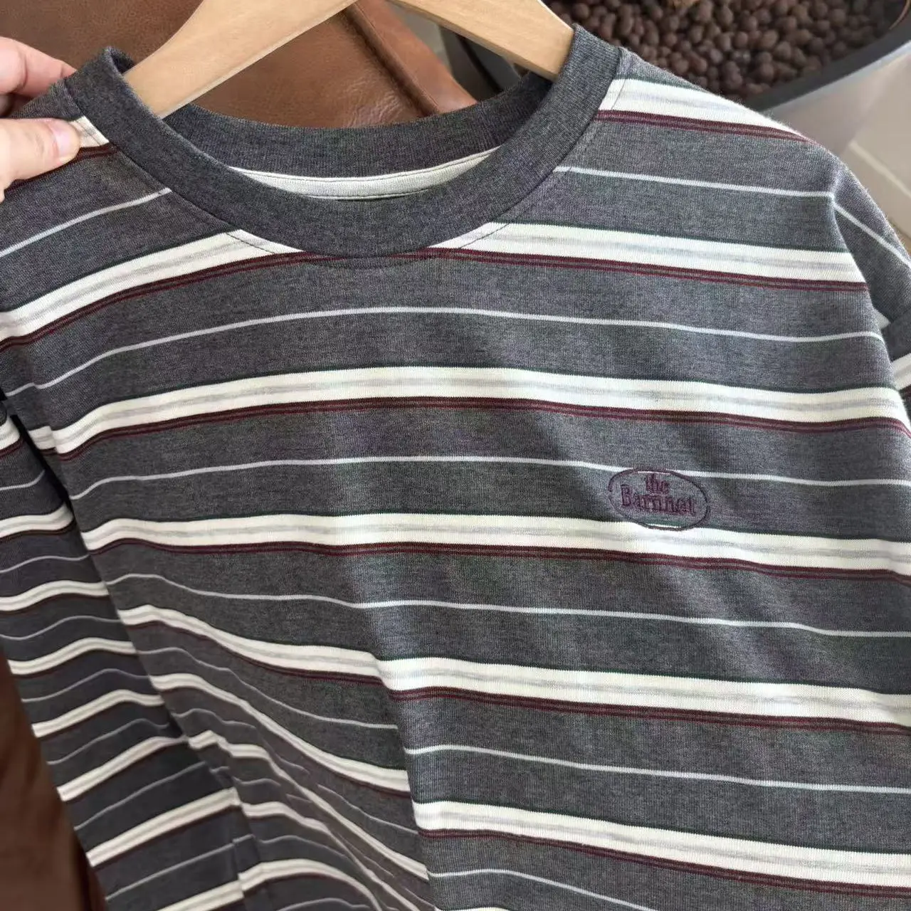 

American Retro Casual Striped Long Sve T-irt Dongda Gate TheBarnnet Color Blo Horizontal Stripes Women's Cotton Tee