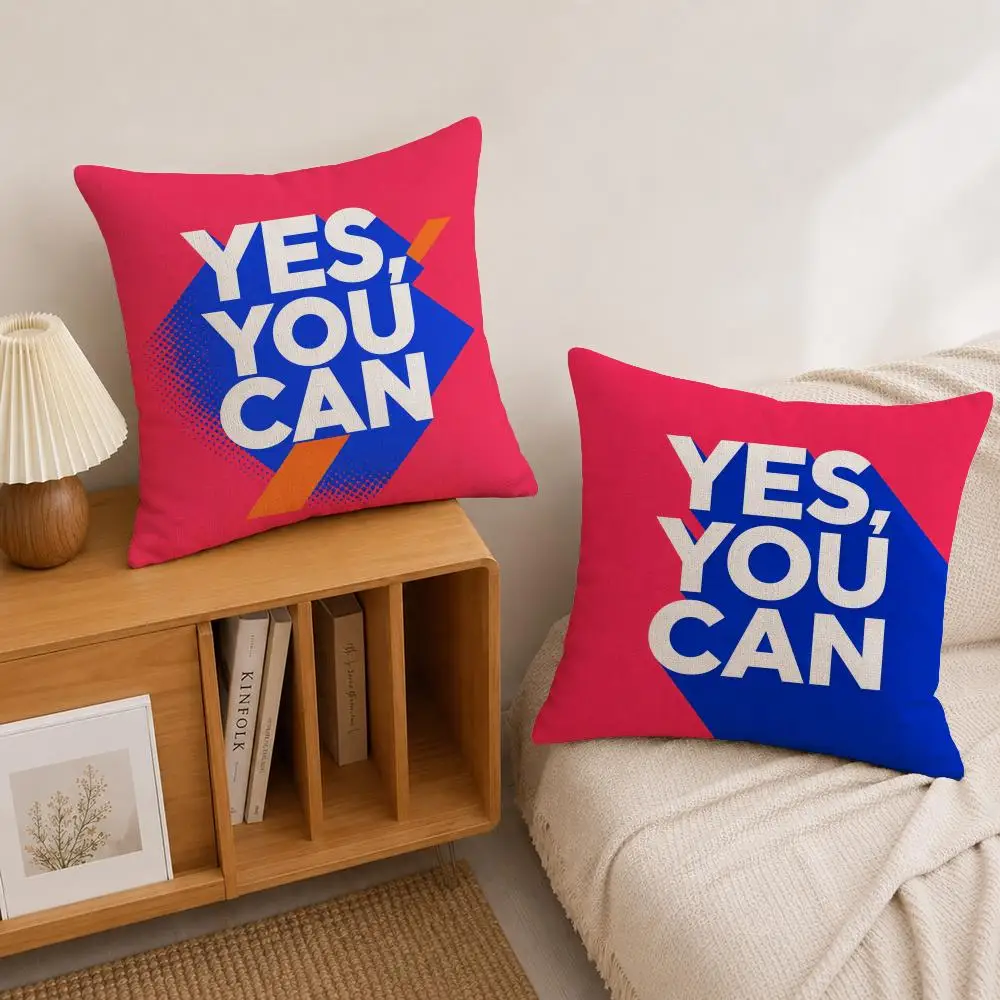Slogan Yes You Can Cushion Cover Natural Linen Pillowcase Set, All-in-One Decor for Sofa, Bedroom & Chair
