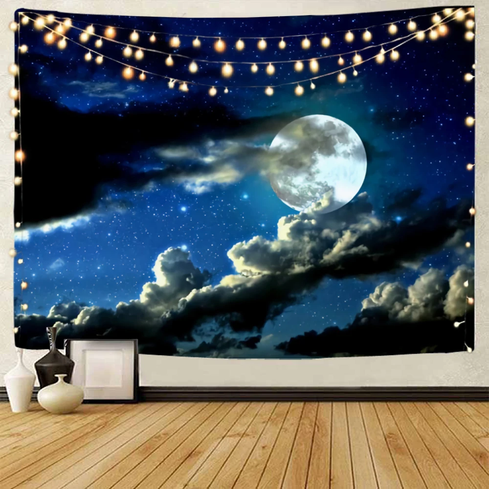 

Beautiful Moon, Starry Sky Scenery, Moon, White Clouds, Starry Sky, Night Scenery, Moonlight Scenery, Decorative tapestry