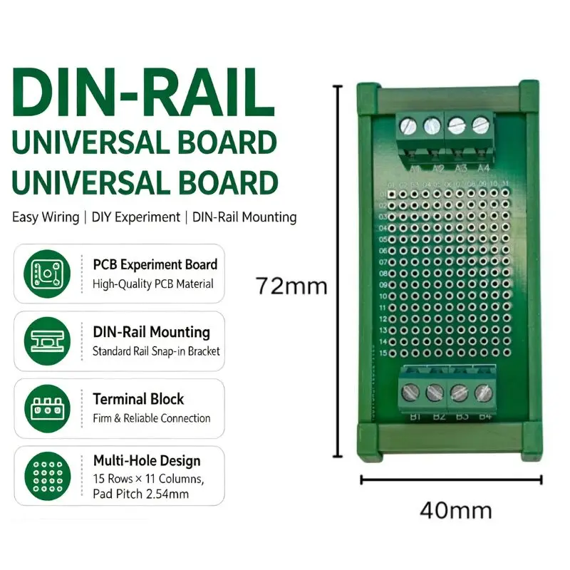 DIN Rail Mounted Universal PCB Prototype Board with Screw Terminal Blocks, Perfboard Soldering Adapter Module