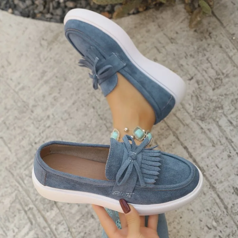 Women's Loafers Round Toe Slip-On Platform Shoes Suede-Look Upper Fringe Detail Bow Accent Casual Daily Walking Footwear Styles