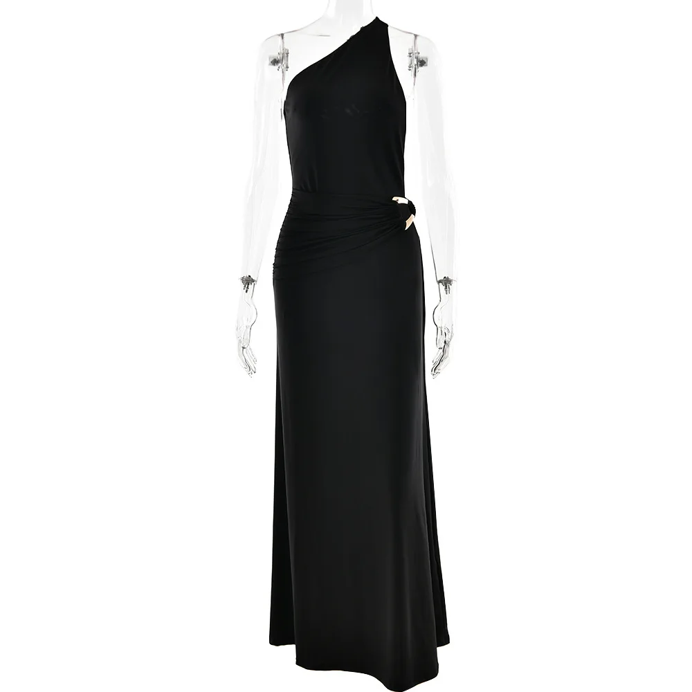 DSMTRC Abito Elegante Anelli di Metallo Backless Aderente Abiti Lunghi Spalla Obliqua Senza Maniche Increspato Maxi Abito Per Abiti da Donna