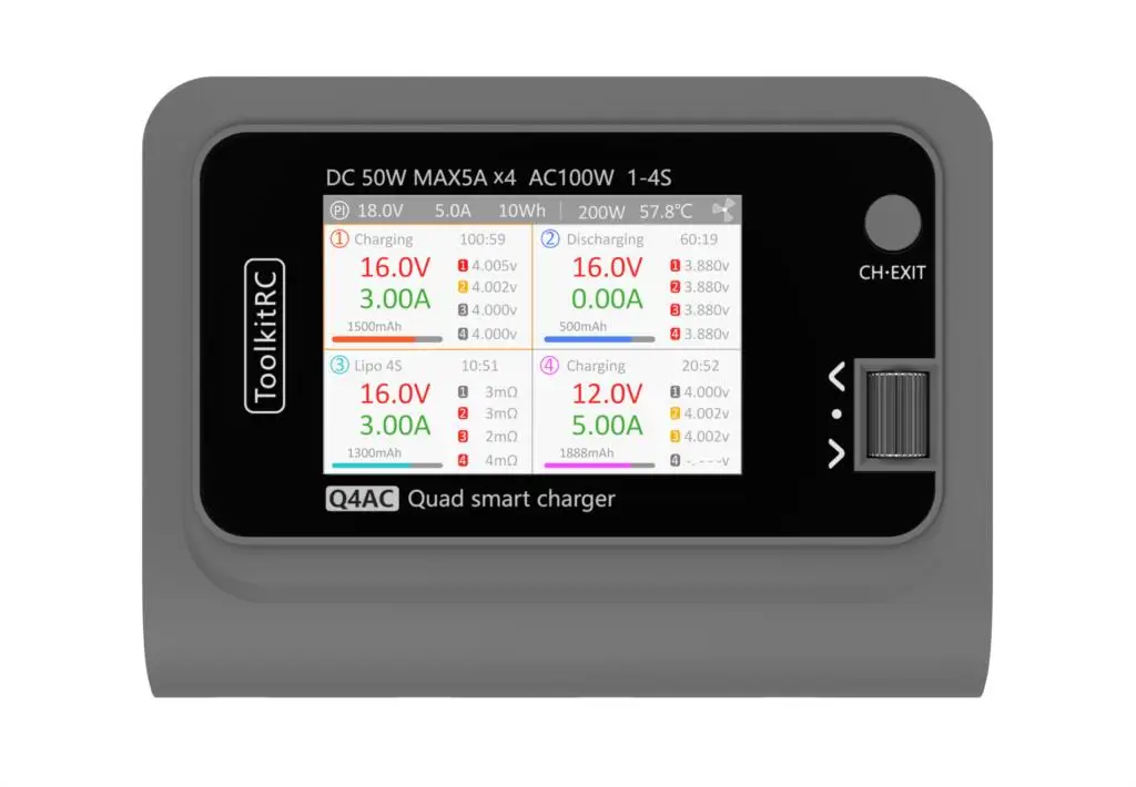 ToolkitRC Q4AC charger XT60 Adapters IPS Bright With Clear Wide Angle Display 4x50w 5A AC 100W 4 Port DC Smart Discharger