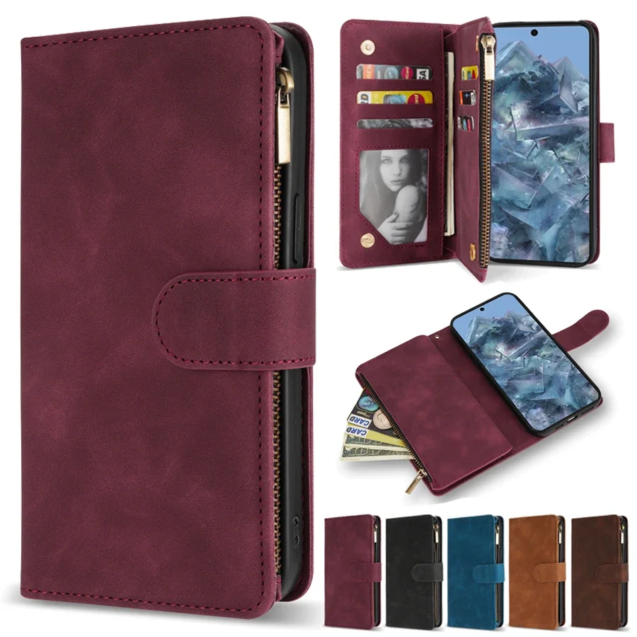 

Wallet Multi-card Slot Zipper Kickstand Photo Frame Magnetic Flip Leather Case For Google Pixel 8a 8 Pro 7a 7 Pro 6a 6 Pro Cover