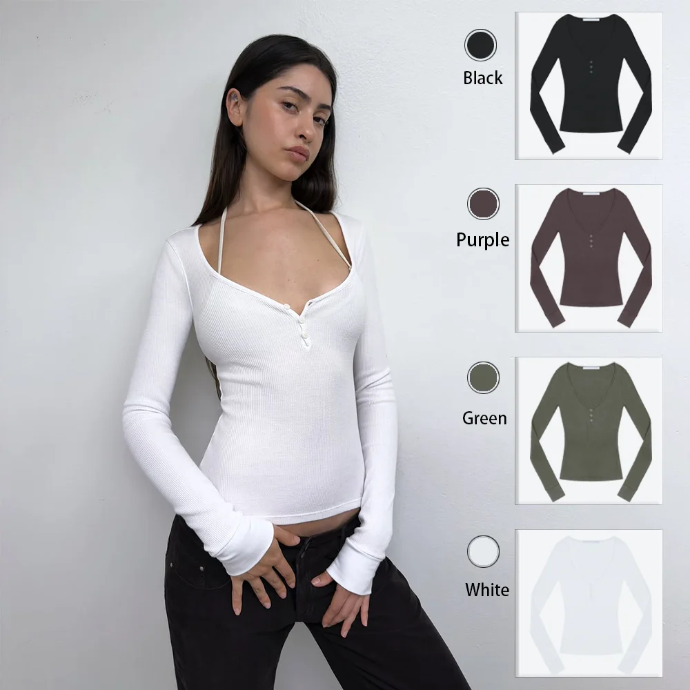 

Tank Autumn and Winter Warm Deep V-Neck Long-Sleeve Top, Women's Slim-Fit American Retro Hot Girl Style Button-Down Base Shirt, Skin-Fitting and Figure-Flattering Sexy Top