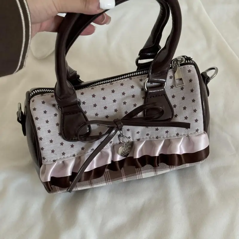 Retro Sweetheart Polka Dot Cylinder Handbag Bow Decor Crossbody Handbag Fashion Korean Kawaii Brown Small Shoulder Bag
