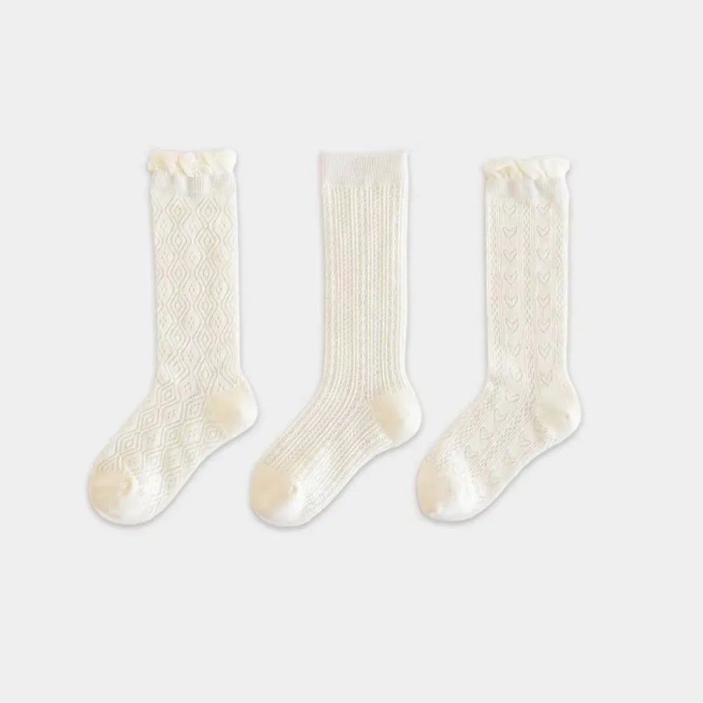 

3 пары новых кружевных чулок принцессы с рюшами, дышащие белые летние носки, тонкие детские носки до середины икры, От 3 до 12 лет