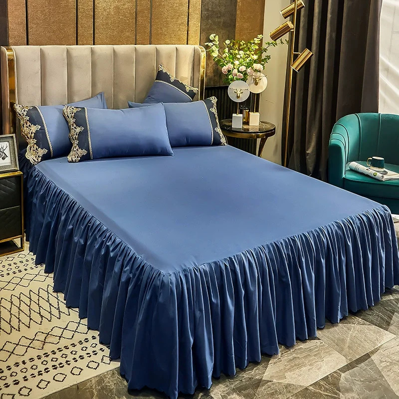 

French Style Bed Skirt with Exquisite Embroidery Solid Pleated Ruffle High-density Sheet Non-slip Durable for Bedroom Decor