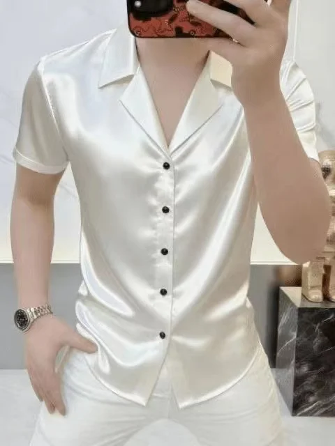 Men's Summer Quick Dry Short Sleeve Shirt Fashionable Simple Luxury Acetate Drapey Versatile Handsome High-End Feel European ...