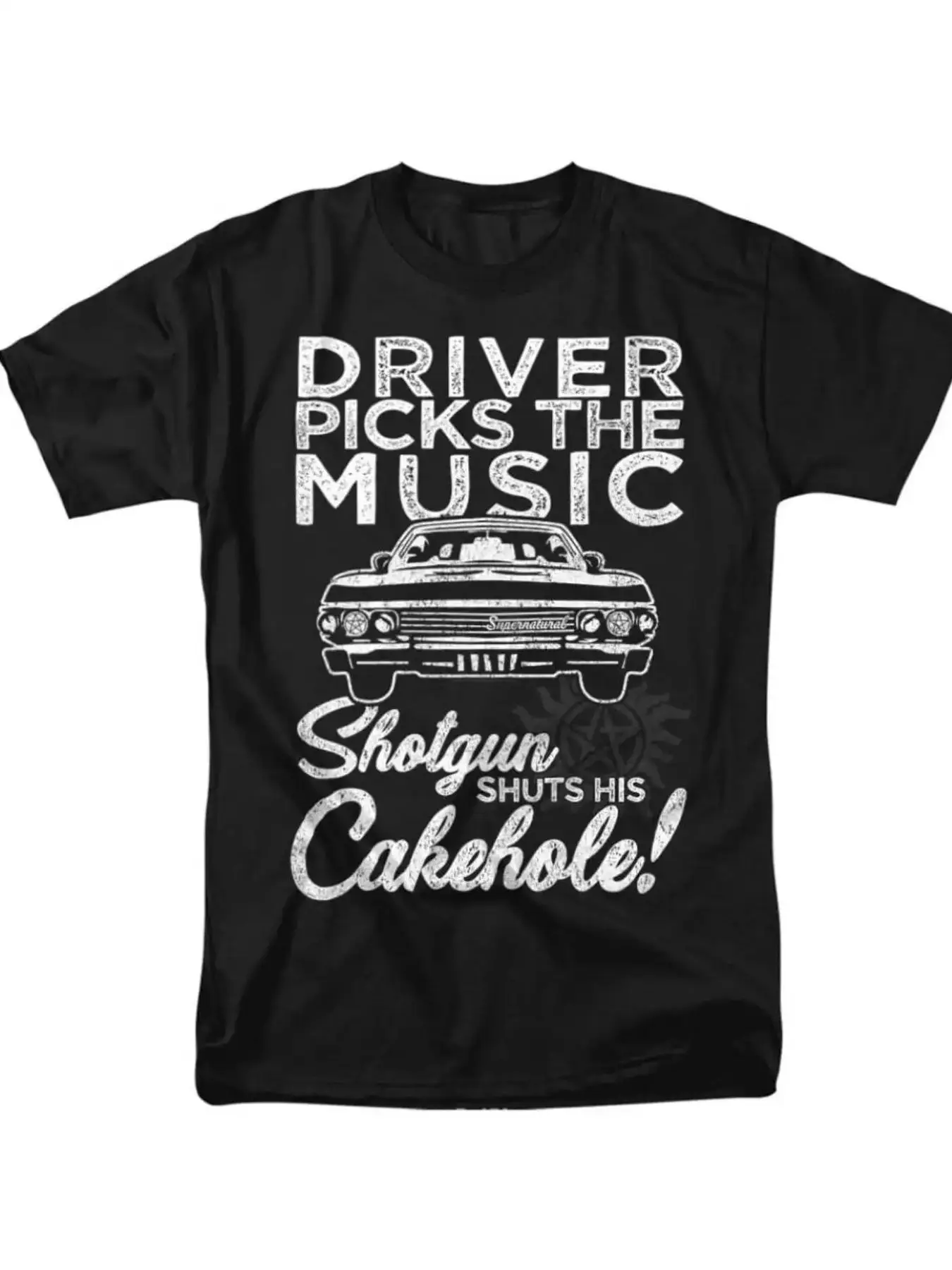 Men's Plus Size Vintage Car Graphic T-Shirt - 'DRIVER PICKS THE MUSIC' Bold Text with Retro Distressed Design, Classic Nostalgic Look, Perfect for Music Lovers