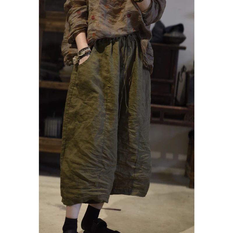 Ramie Wide Leg Harem Pants Women Autumn New Loose Calf-Length Plus Size Trousers Solid Color Casual Drawstring Elastic Capris
