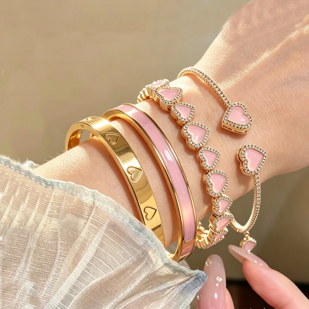 Romantic Heart Jewelry For Women Enamel Heart Inlaid Stackable Bracelets Dating Wedding Valentine's Day Fashion Jewelry Gift