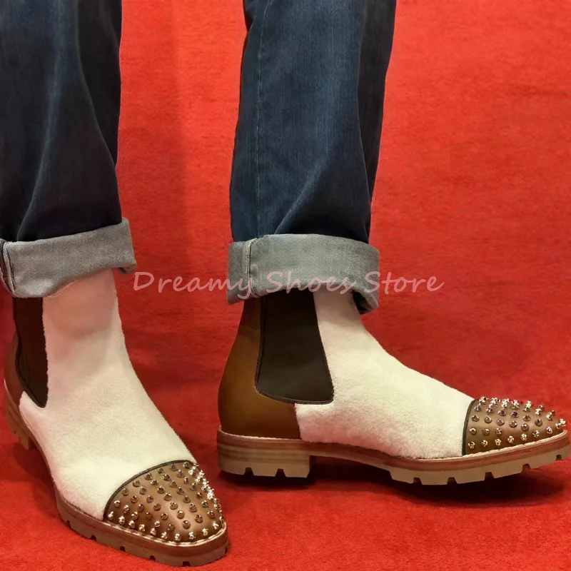 

Men Gold Rivets Suede Ankle Boots Leather Mixed Colors Round Toe Elastic Boots Fashion Trendy Low Heel Vintage Slip On Shoes