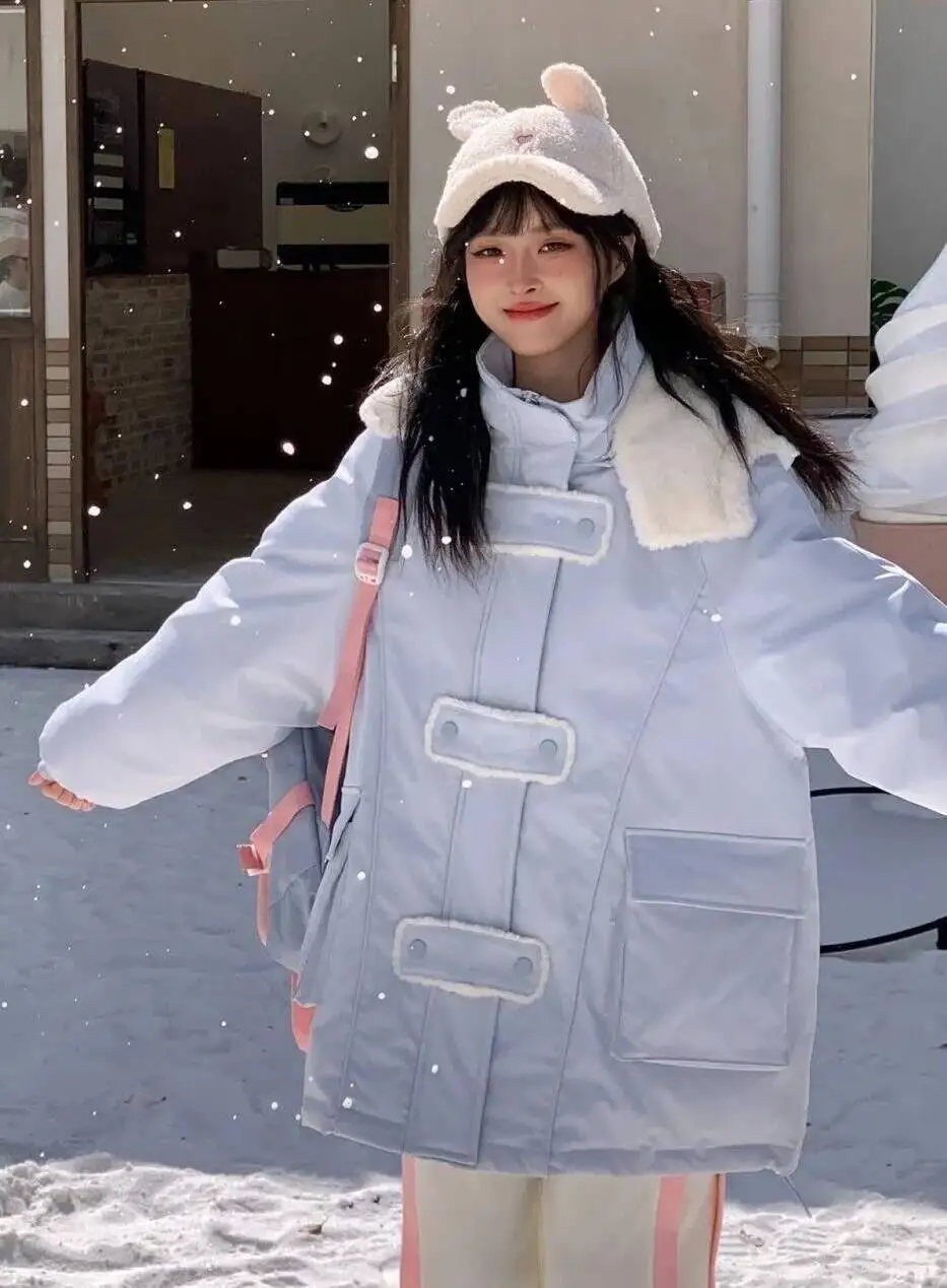 سترات نسائية بقلنسوة للخريف من الصوف المرقعة بأزرار ميدي وياقة واقفة للمدرسة الجامعية Preppy أنثوية فنية فريدة من نوعها OL