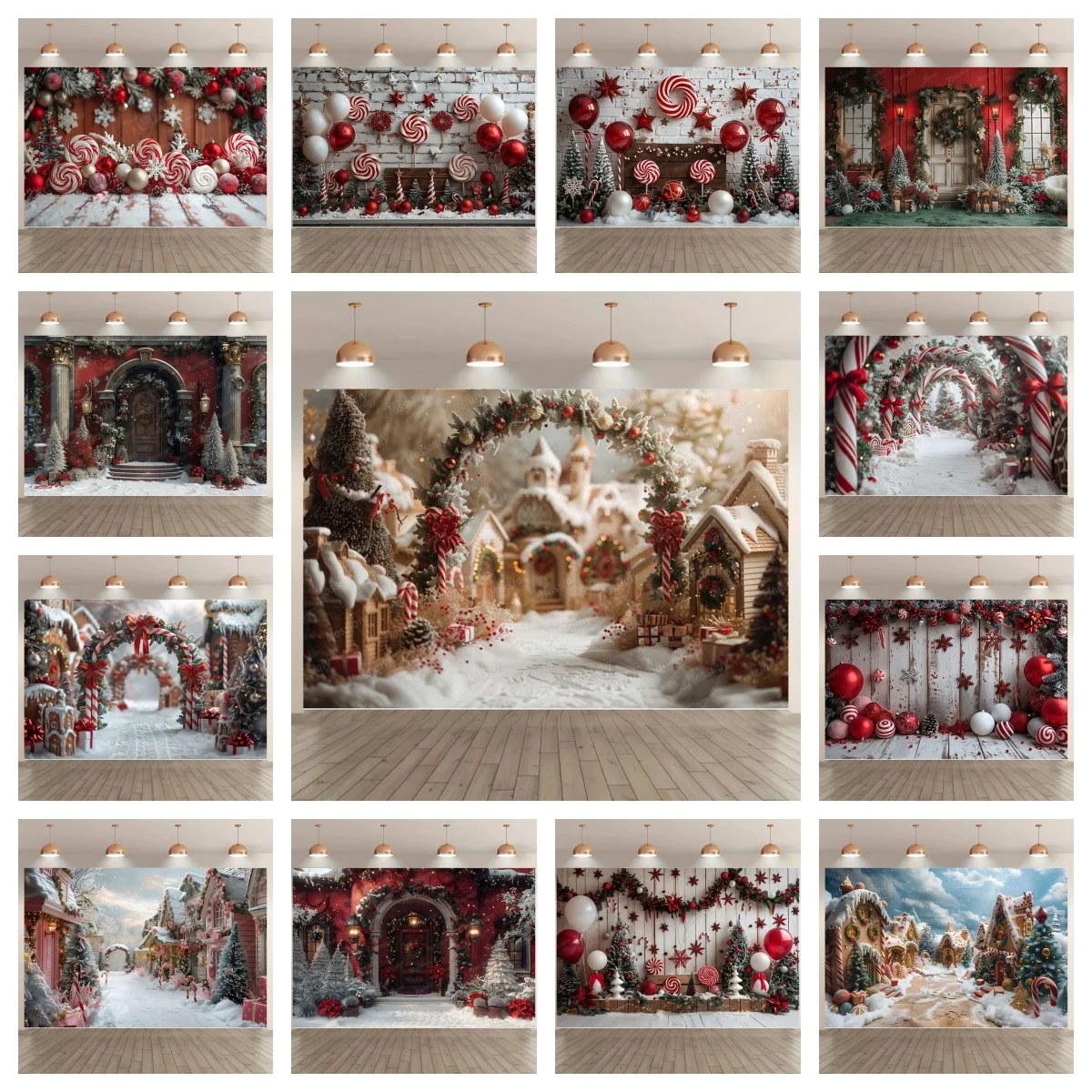 Animierte Weihnachts-Straßenansicht, Süßigkeiten-Weihnachtsbaum-Bogen, Ballon, Holzbrett, Indoor-Party-Dekoration, Fotografie-Hintergrund
