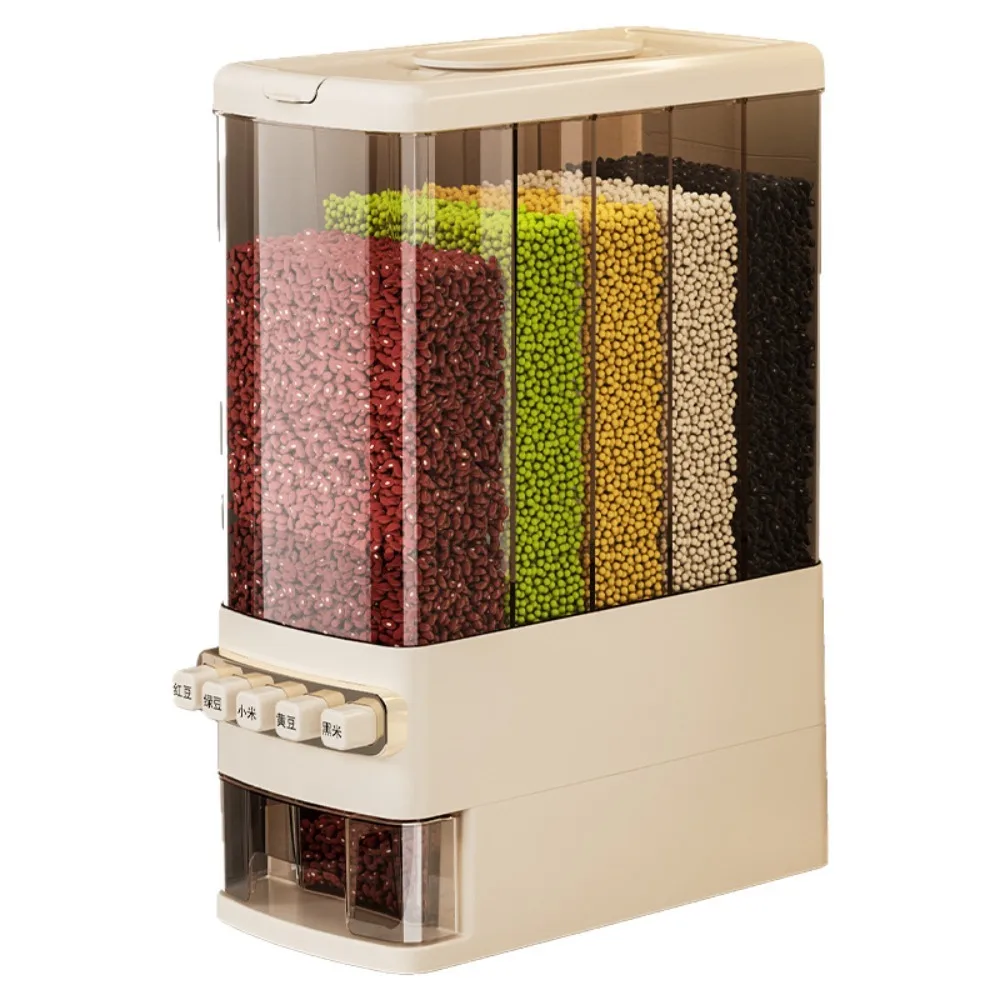 

5 Compartments Separated Grains Dispenser Moisture-Proof Built-in Measuring Cup Beans Storage Bin Large Capacity Press Type