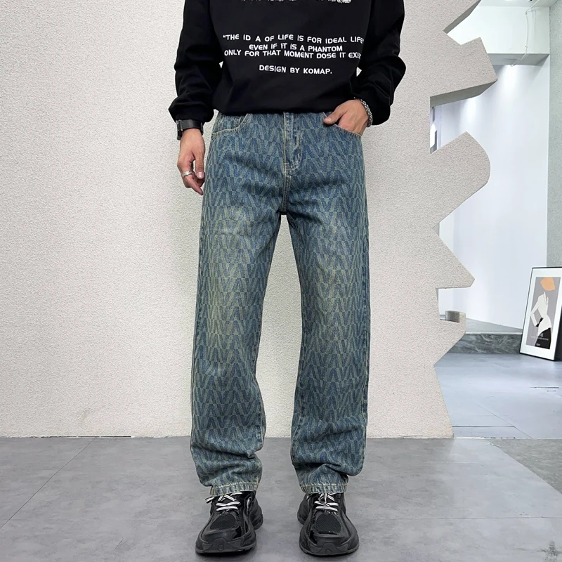 New fashion trendy brand retro printed loose straight tube blue casual washed outdated youth MEN'S cowboy pants