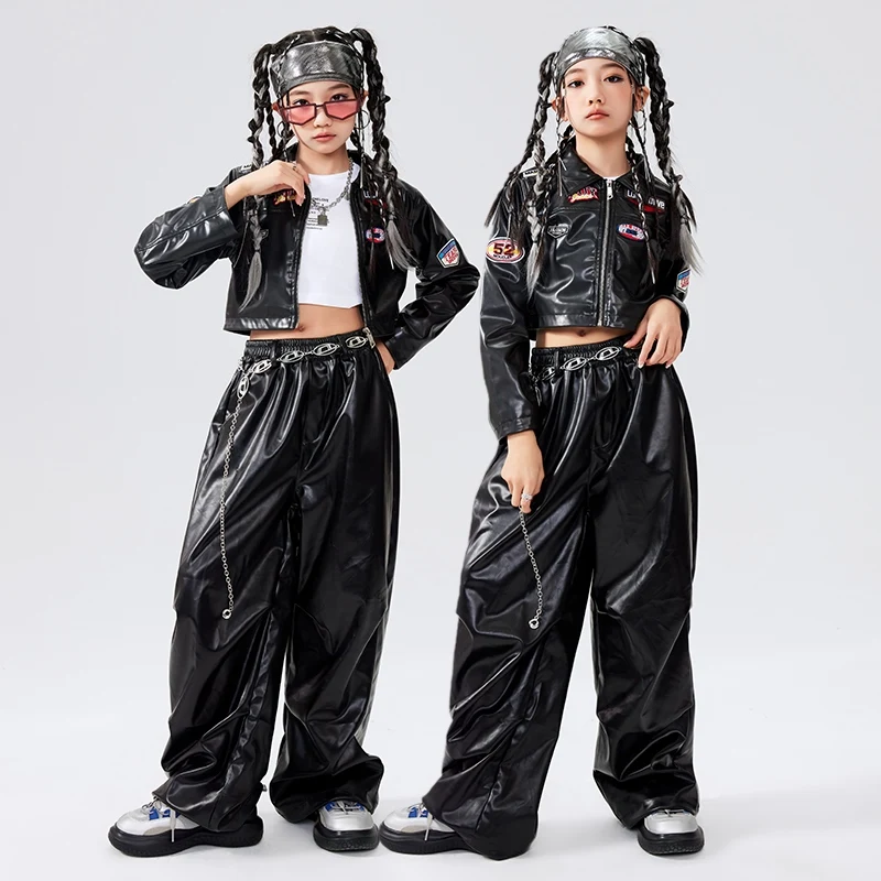 Jazz Dance Set Children Stage Cotume Hip Hop Kpop Dance Wear Fashion Street Dance Suit Girls Clothes Black Jacket Pants AMY1284