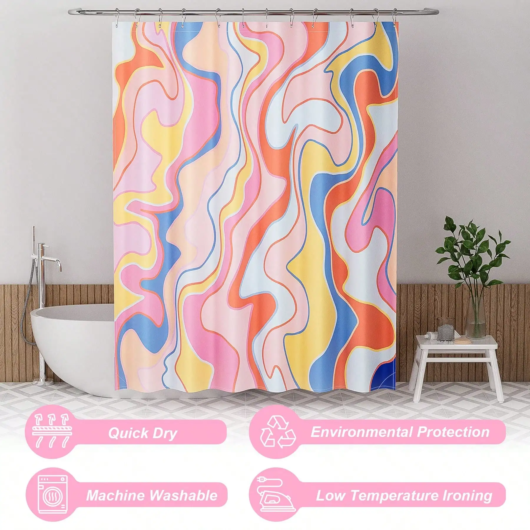 AmazerBath Shower Curtain With Hooks Sets, Luxury Washable Cloth Shower Curtain Sets With 12 Shower Curtain Hooks