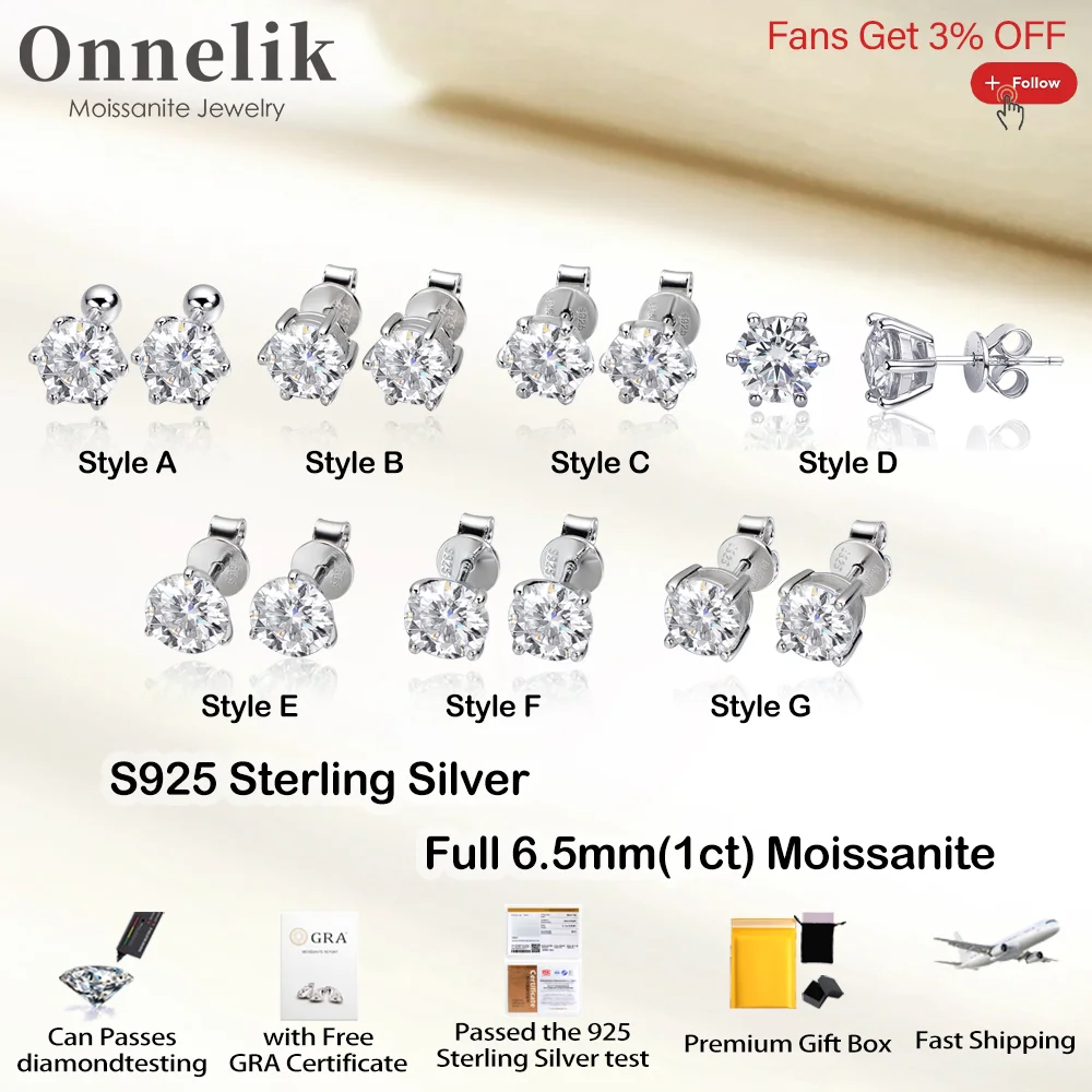 

Муассанит Onnelik GRA Full 6,5 мм 1 карат ​ ​ Серьги-гвоздики S925 с серебряным платиновым покрытием для женщин и мужчин, вечерние ювелирные изделия, подарок