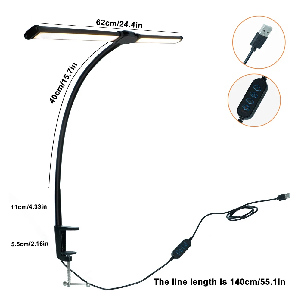 2-رأس LED لمبة مكتب لمكتب المنزل العناية بالعين مصباح المعماري مع المشبك USB 3 اللون مرنة قابل للتعديل الإضاءة الجدول مصباح