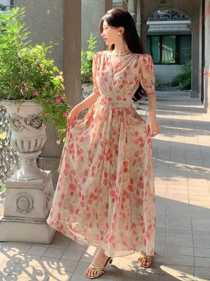 Long French V-Neck Dress for Women Fragmented Chiffon Short Sleeve Fairy Waist Tie Up Elegant and High Quality Summer New 2024