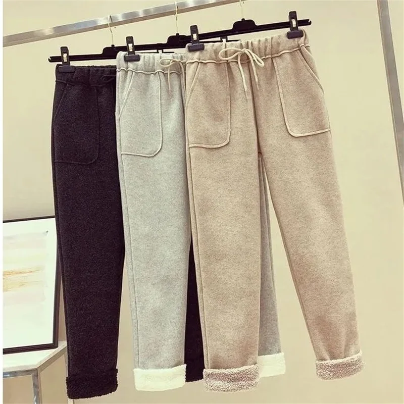 Autumn Winter Women's High Waist Thermal Straight Long Pants 2025 New Casual Fleece Lined Female Harlan Trousers