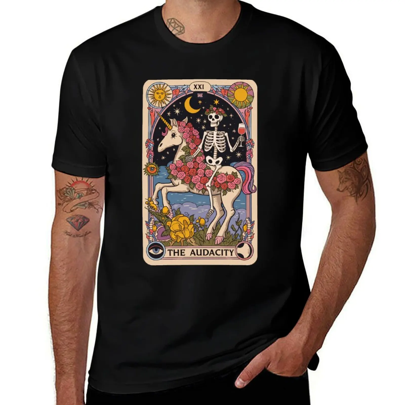 

The Audacity – Skeleton on Unicorn Tarot Design T-Shirt street wear summer top customizeds anime t shirts t shirts for men pack