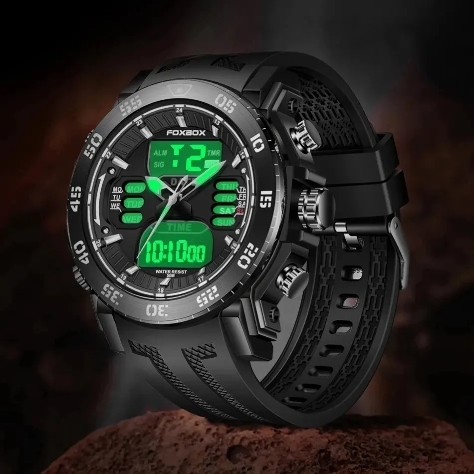 FOXBOX Digital Men Military Watch 50m Waterproof Wristwatch LED Quartz Clock Sport Watch Male Big Watch Men Relogios Masculino