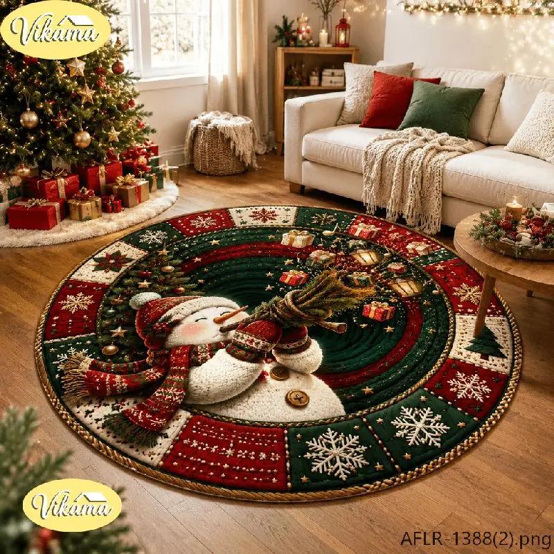 VIKAMA Christmas Round Rug Snowman Hat Scarf Gifts Snow Area Rug Living Room Holiday Home Decor Aesthetic Art Large Premium Cute