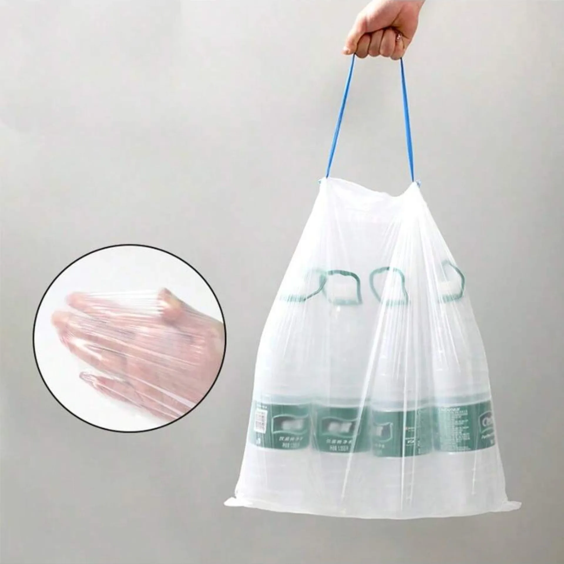 Sac poubelle domestique 45x50, grand sac à tirer Portable épais avec cordon de serrage, sac en plastique blanc