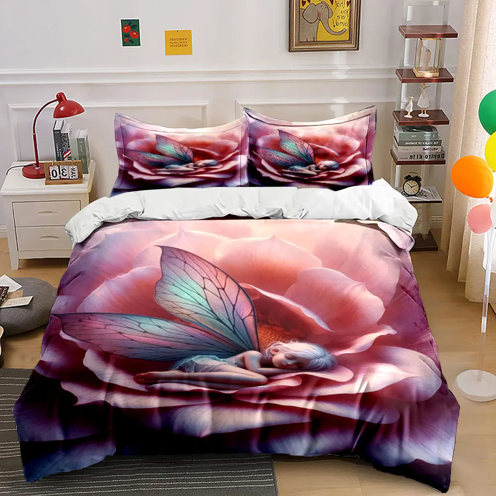 Dreamy fairy resting on pink petals Bedding Set for Kids Luxury Gift 3pcs Digital Print Comforter Set Soft Comfortable