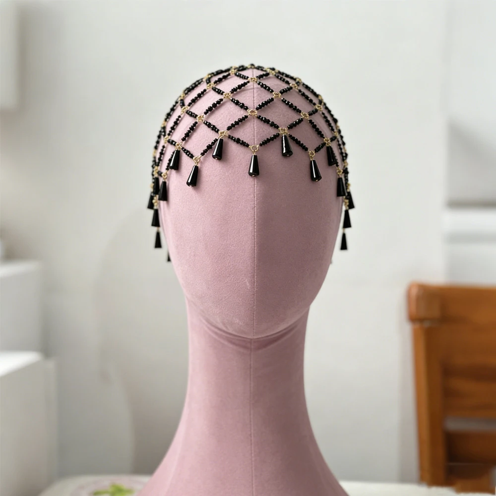 Elegant Princess Black Mesh Hat Headpiece Chain Women Accessories INS Acrylic Water Drop Tassel Head Chain Cap Wedding Jewelry