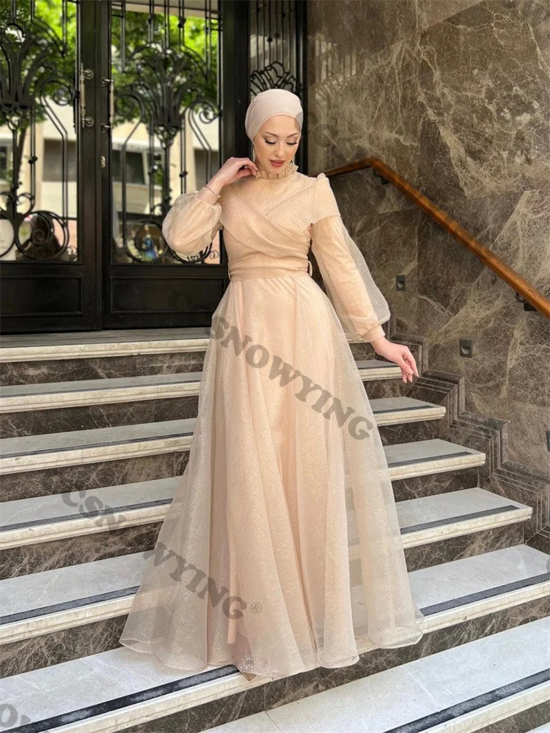 

Full Sleeve Muslim Evening Dresses Tulle Waist frenulum Islamic Formal Party Gowns High Neck Women Arabic Robes De Soirée