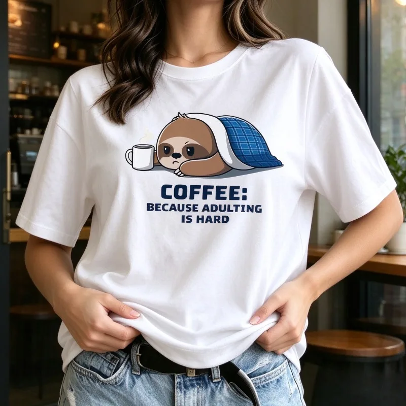 Women Sloth Coffee T Shirt Coffee Because Adulting Is Hard Modal Tee Funny Casual Short Sleeve Top for Daily Office Weekend Gift