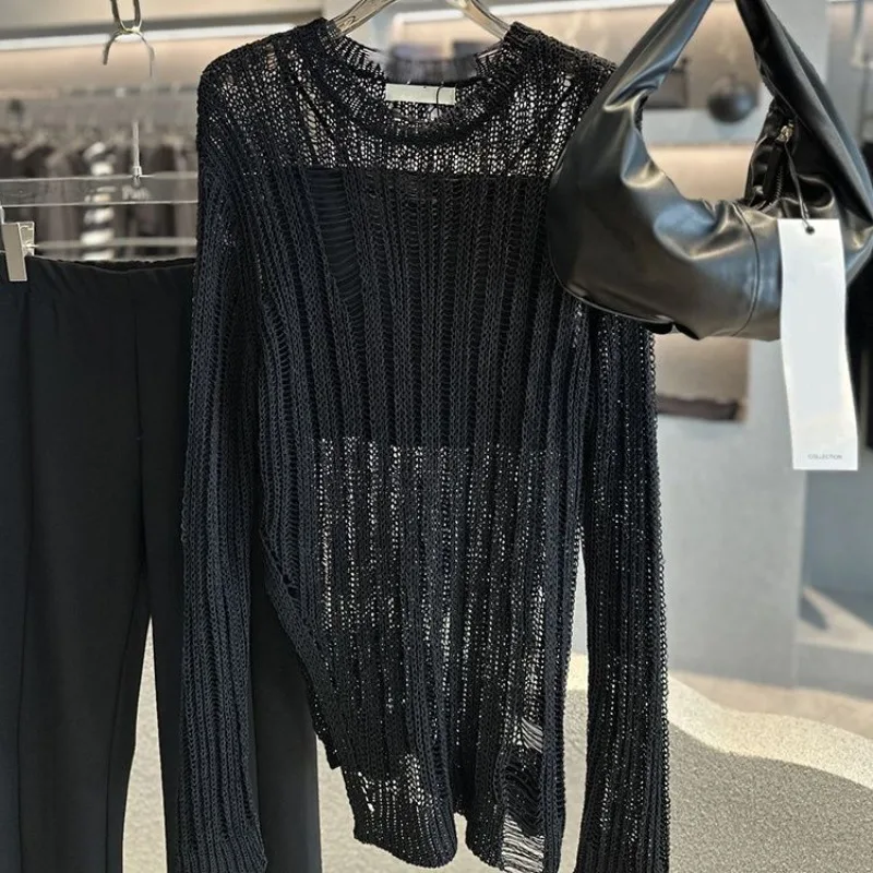 

Summer Korean Style Lazy Style Pullover with A Luxurious and Chic Feel, Fashionable and Casual Black Long Sleeved Knitted Top