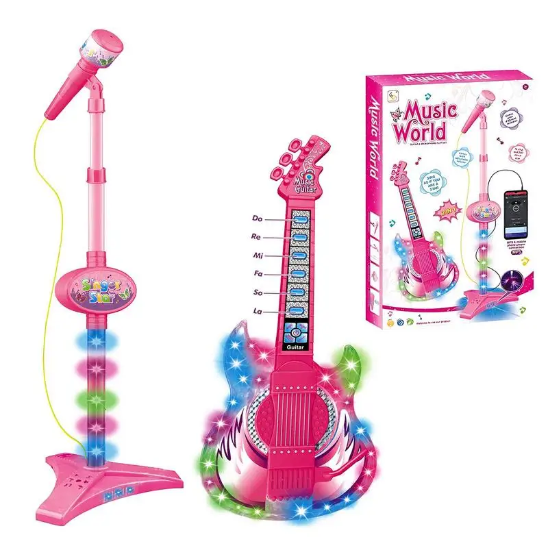 Kids Guitar and Microphone Set Musical Guitar Toy Guitar Toys With Music And Colorful Light Microphone With Adjustable Height