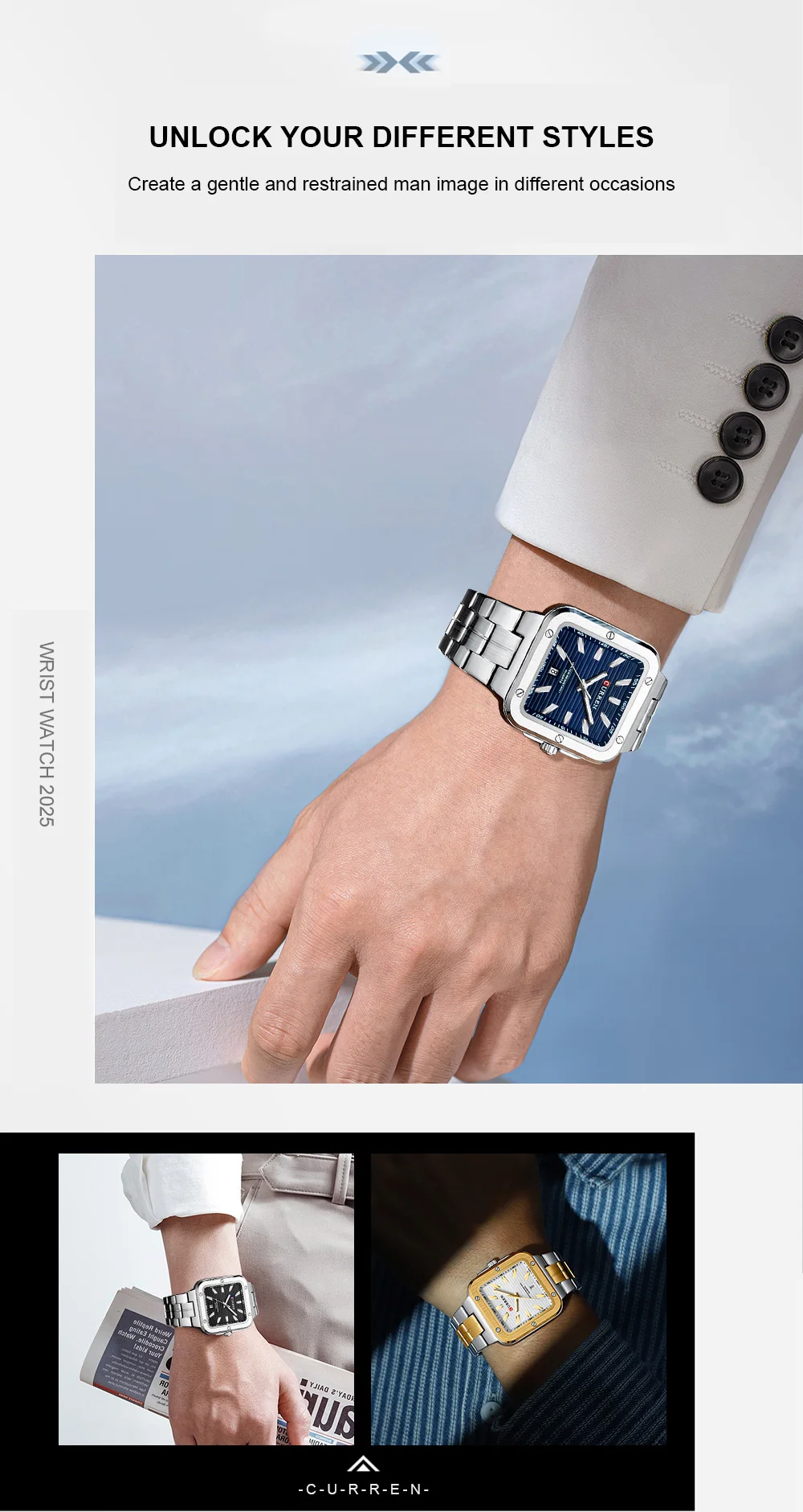 CURREN Einzigartige Quadratische Herrenuhr mit Grünem Zifferblatt - Edelstahlarmband, Business-Casual-Stil Quarz-Armbanduhren für Männer – Detail 2