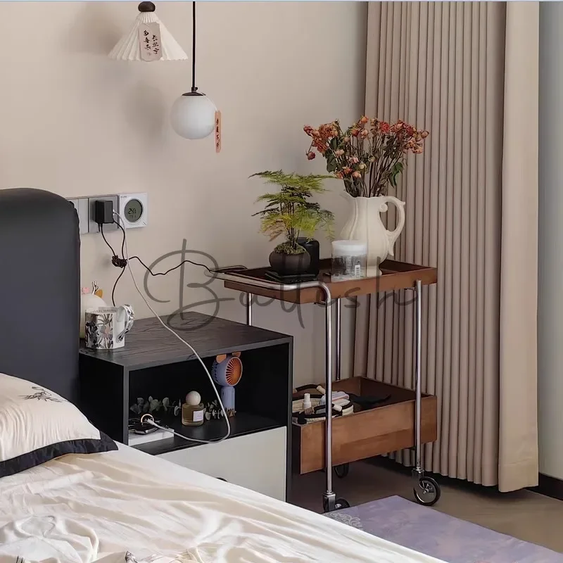 Simple solid wood coffee table trolley modern home living room sofa removable side cabinet rack