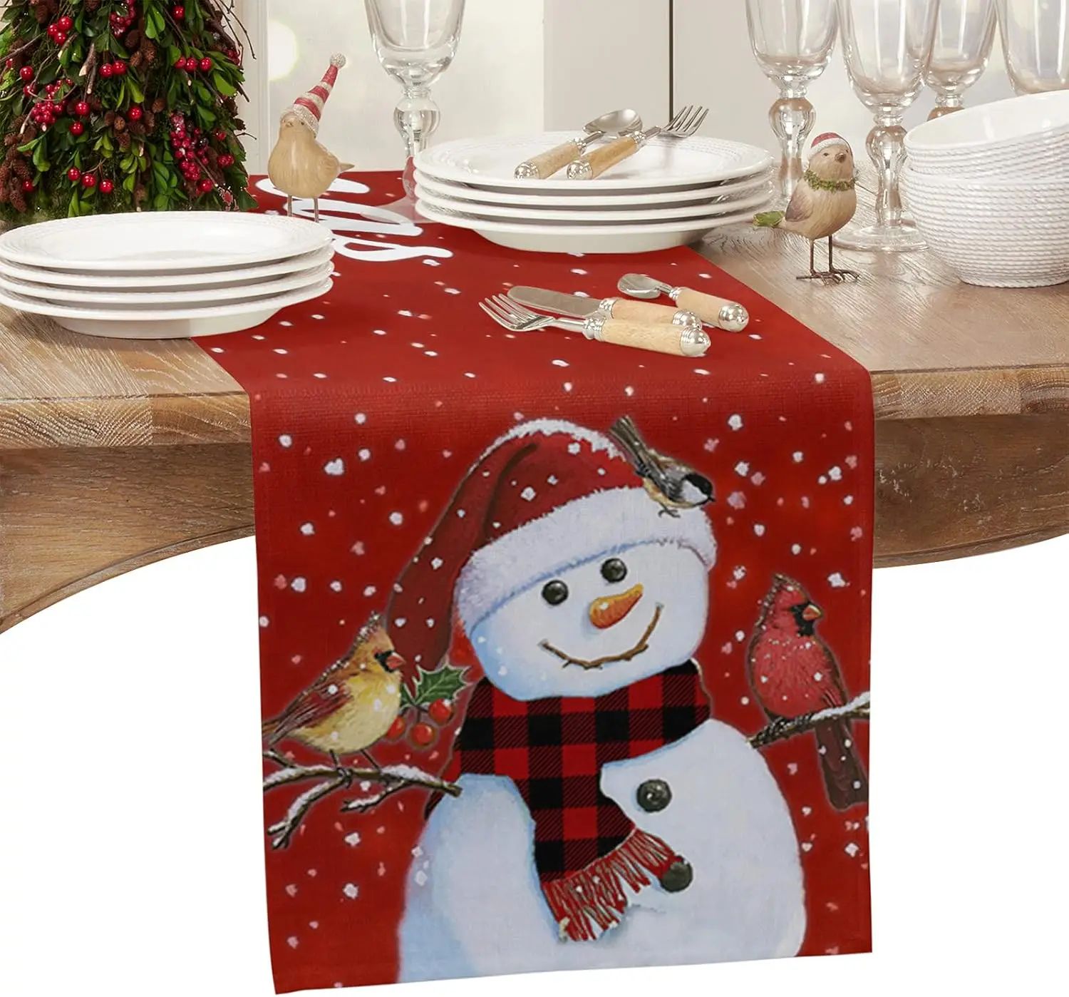 Merry Christmas Snowman Robin Bird Snowflake Linen Table Runners Dresser Scarf Winter Xmas Party Decor Navidad Decorations 2025