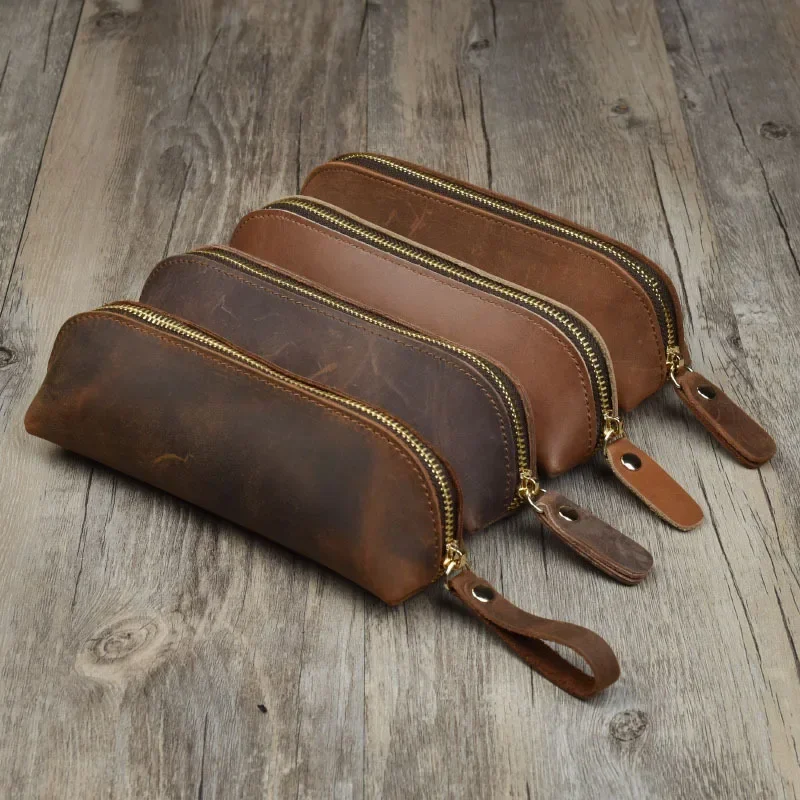 

1PC Vintage Leather Pencil Bag Retro Simple Stationery Holder Zipper Pencil Pouch Pen Case Storage Bag School Stationer Supplies