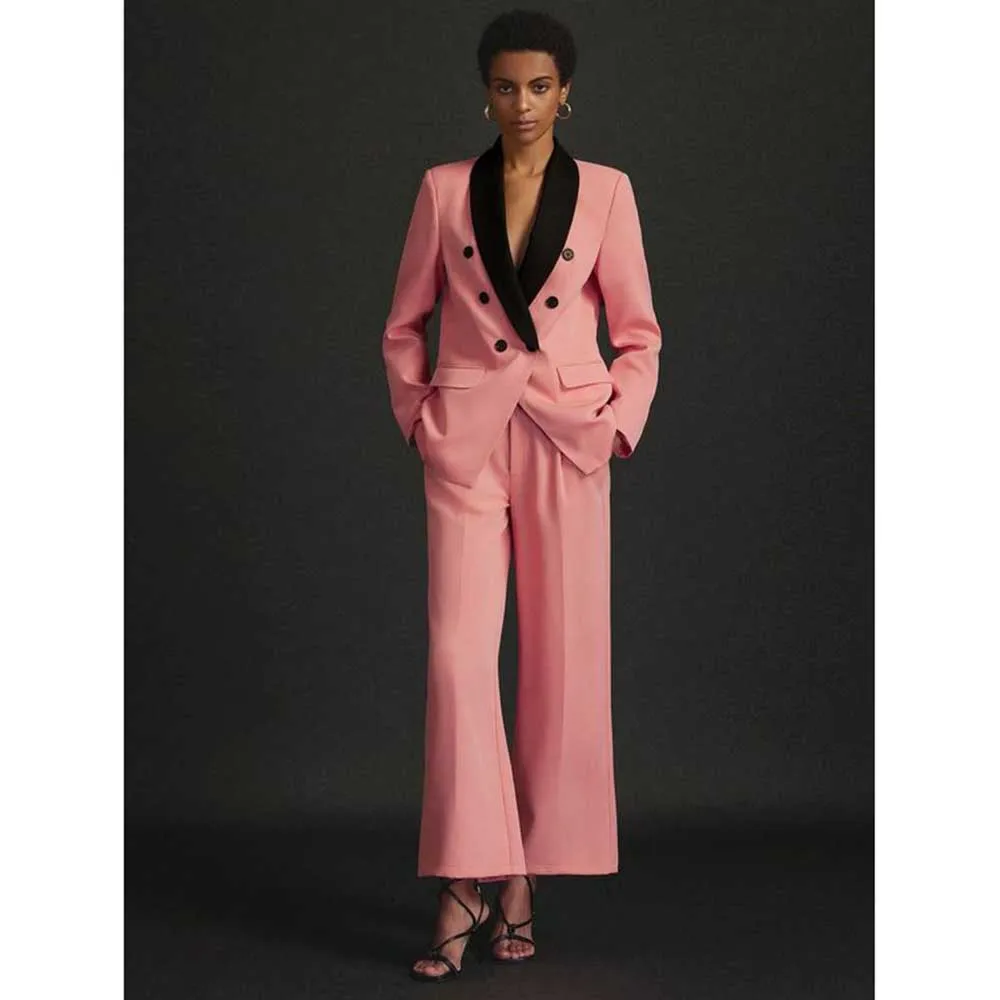 

Fashion Chic Pink Women's Suits Double Breasted Black Shawl Lapel 2 Piece Female Clothing Office Lady Slim Fit Blazers Sets