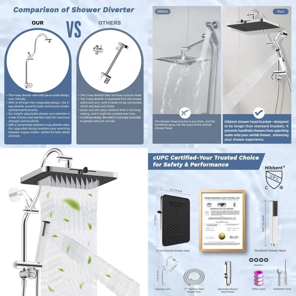 Enhanced 13 Shower Combo with 5-Spray Rainfall Head, Stainless Steel Handheld, Metal Diverter and 71 Hose in Chrome Finish