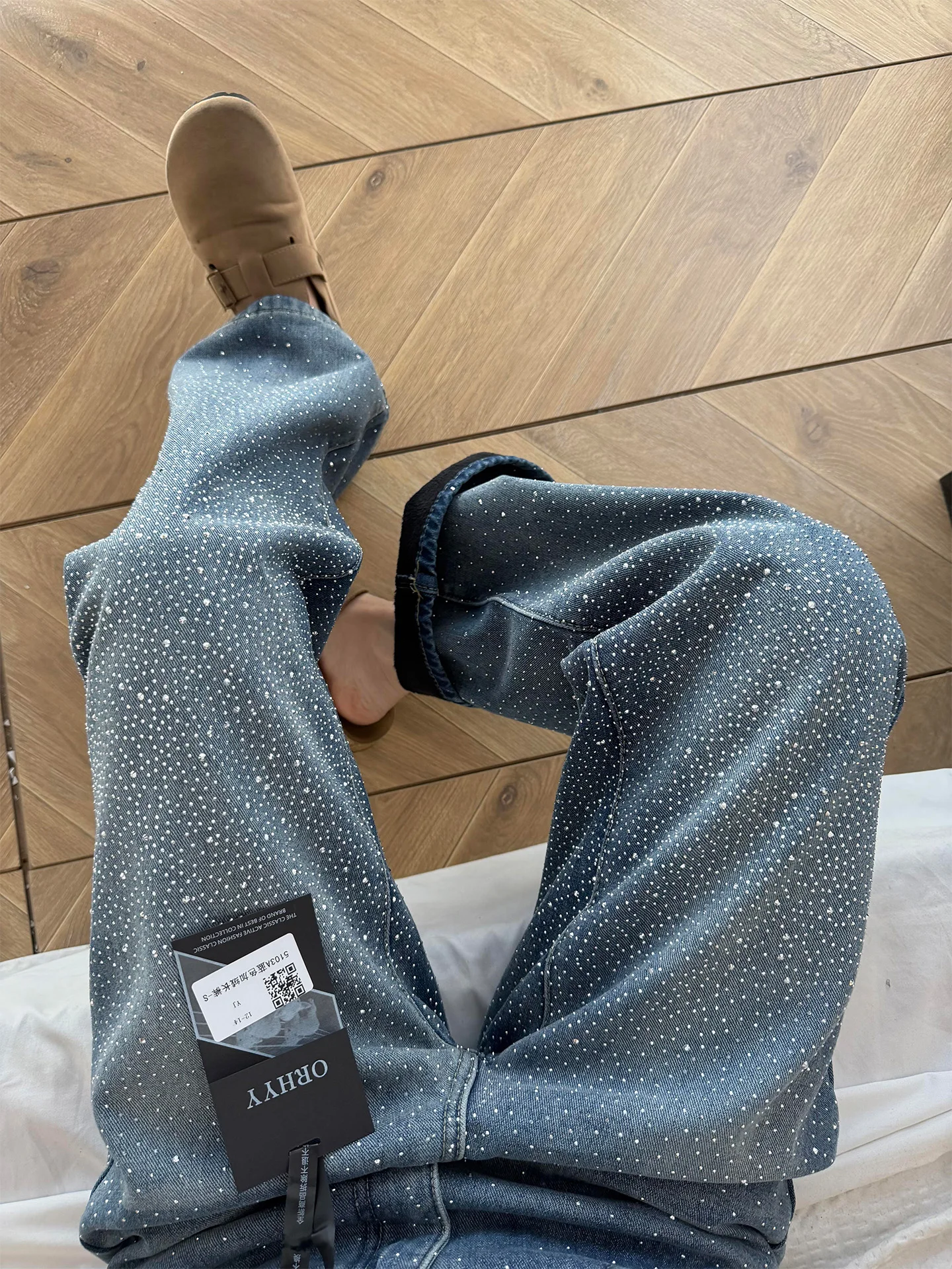 

Женские джинсы-скинни с высокой талией и широкими штанинами, синие, с блестящими пайетками, повседневные, из денима