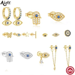Aide Turkey Evil Eye Stud Earrings For Women Zircon Crystal Jewelry 925 Sterling Silver Punk Vintage Chain Earrings Female Gift