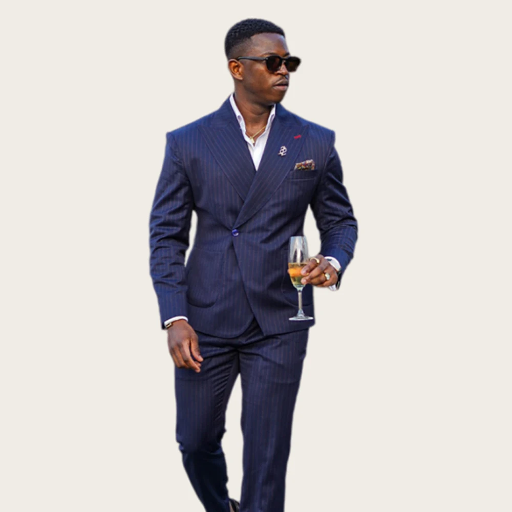 African Pinstripe Men's Suit One Button Peaked Lapel Tuxedo for Men Wedding Party Outfit Business Office Blazer Pants Customized
