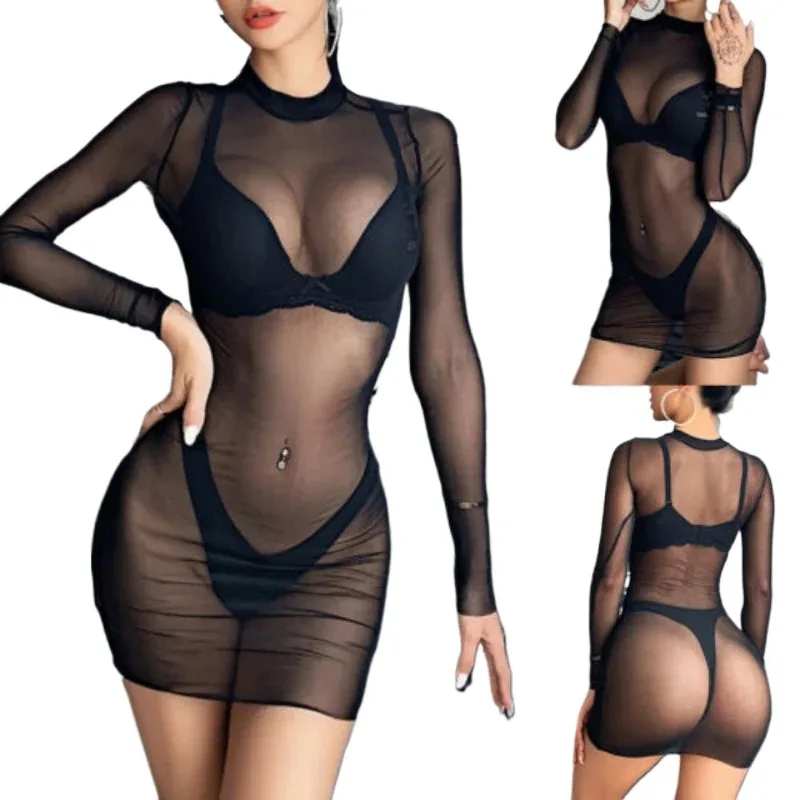 Sexy Pure Net Yarn Transparent Long-sleeved Crop Top Women's Sexy Dress Mini Dress Thin Black Dress Tight Dress