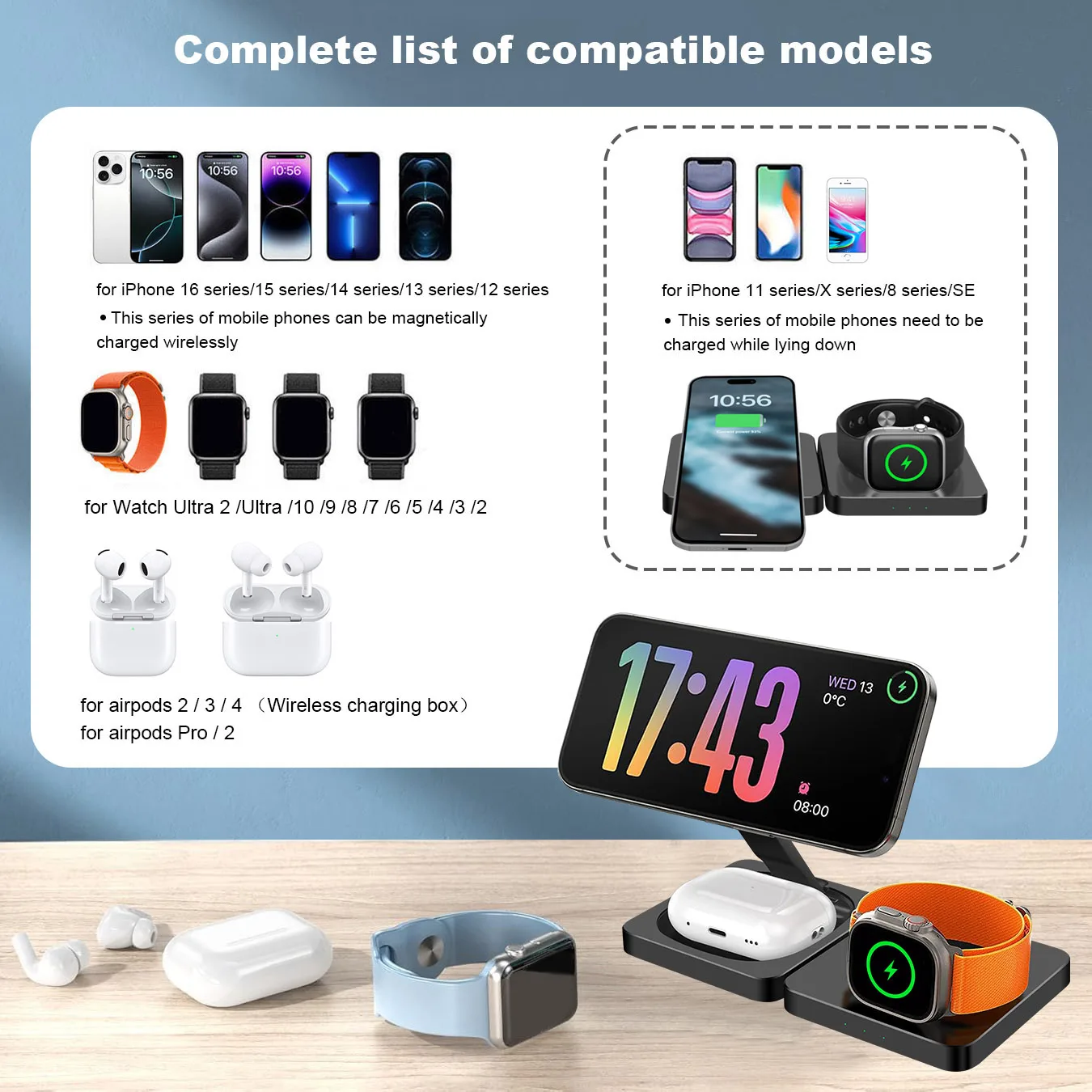 3 in 1 Charging Station for iPhone 16 15 14 Airpods 4 3 iWatch 10 Foldable Magnetic Wireless Charger Dock Travel Charging Pad